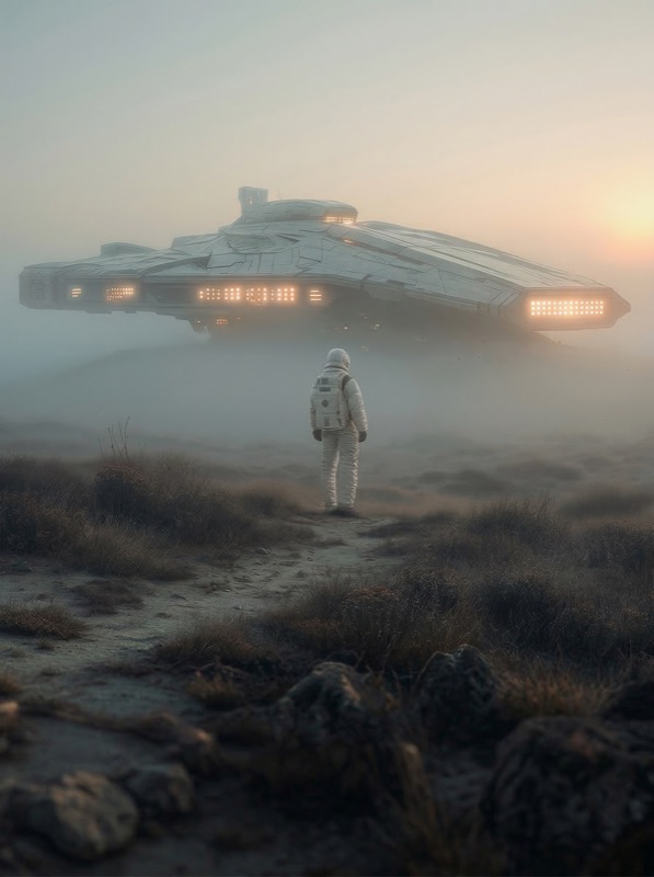 Astronaut facing hovering spacecraft in foggy dawn