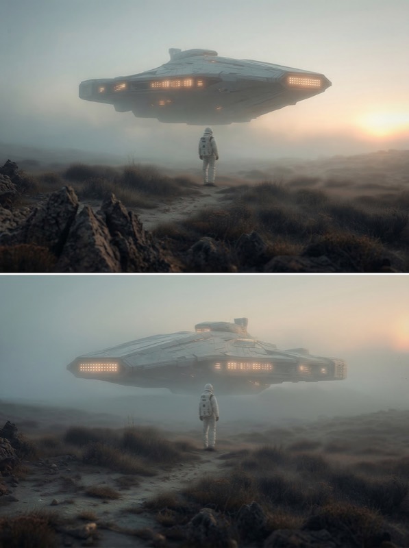 Astronaut Facing Hovering UFO at Foggy Sunrise