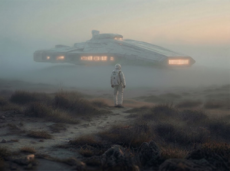 Astronaut Facing Hovering UFO in Foggy Landscape