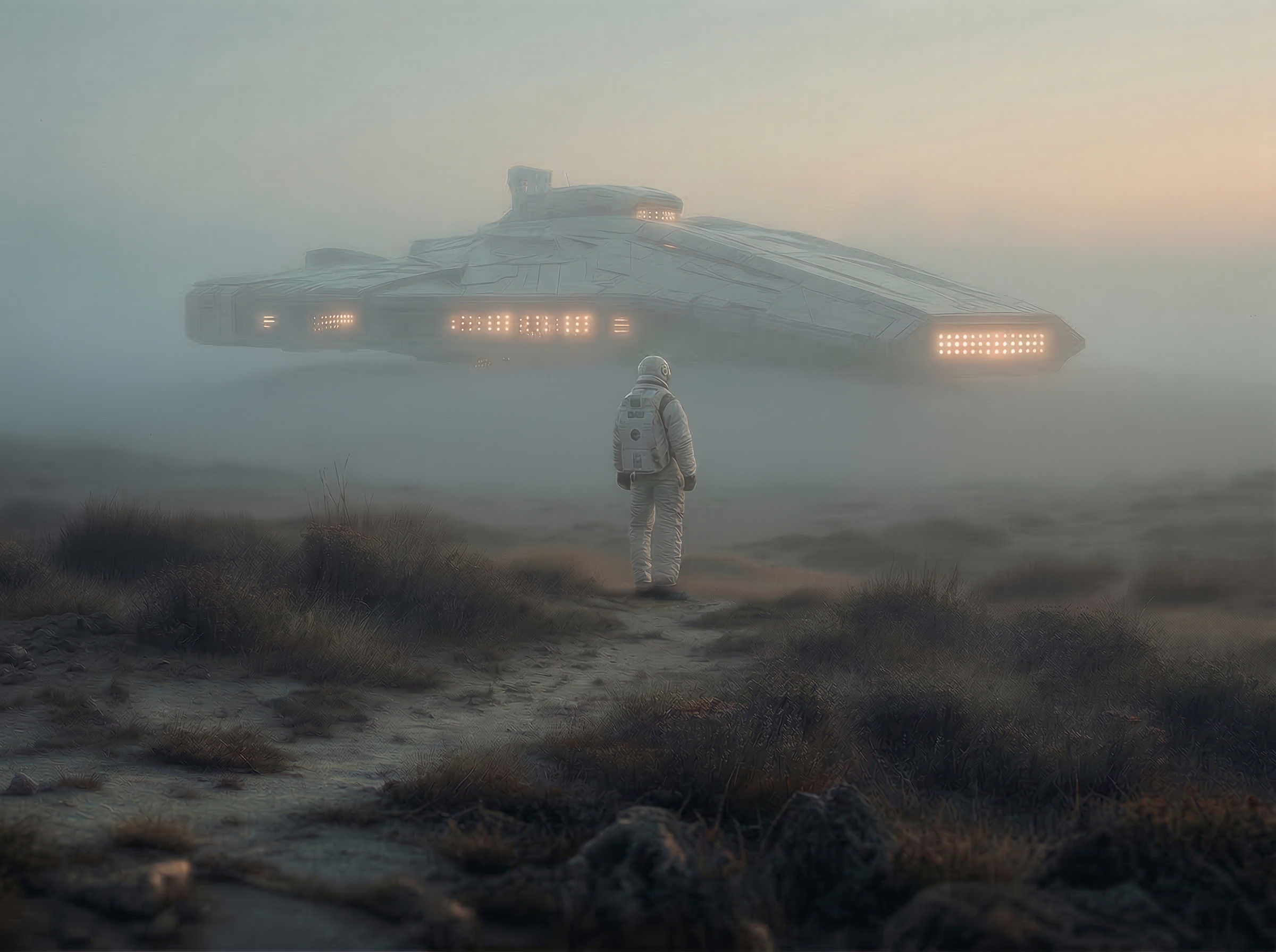 Astronaut Facing Hovering UFO in Foggy Landscape
