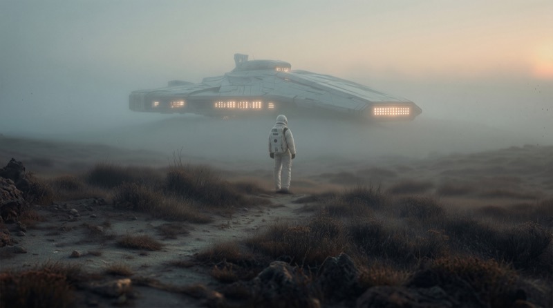 Astronaut Facing Hovering UFO in Foggy Landscape