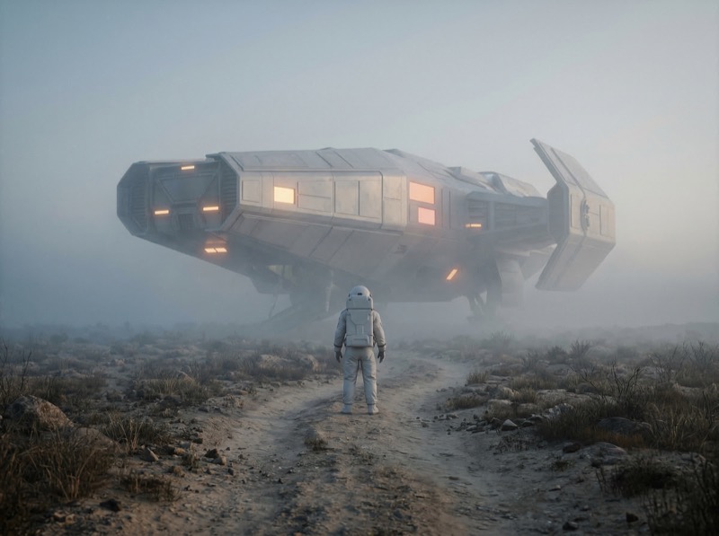 Astronaut Facing Landed Sci-Fi Shuttle in Fog