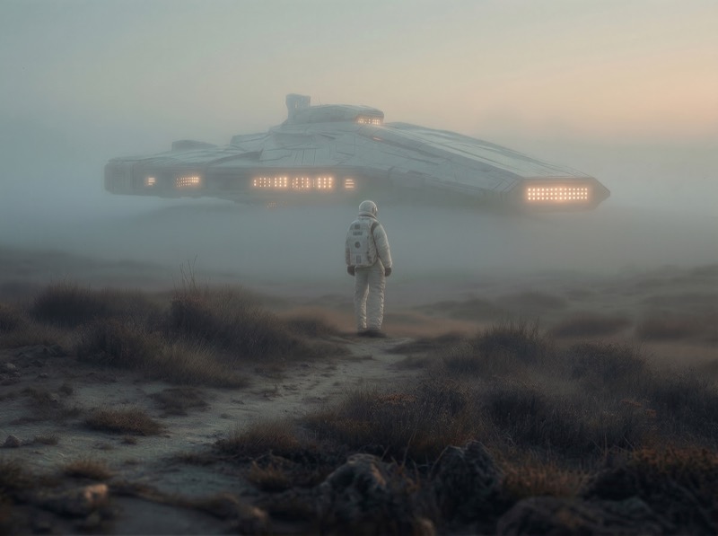 Astronaut Facing Landed UFO in Morning Fog