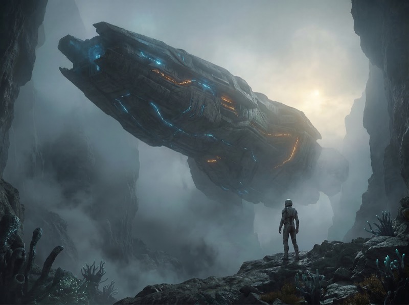 Astronaut Facing Massive Alien Starship in Mist