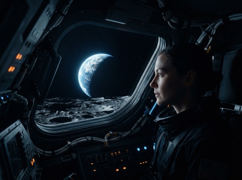 Photoreal Cinematic Sci‑fi Film Still Inside A Cramped Spacecraft Cockpit: An Astronaut