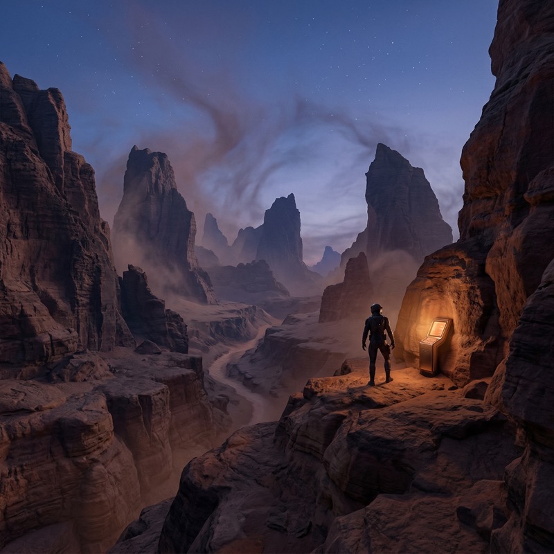 Astronaut in Desert Canyon at Night