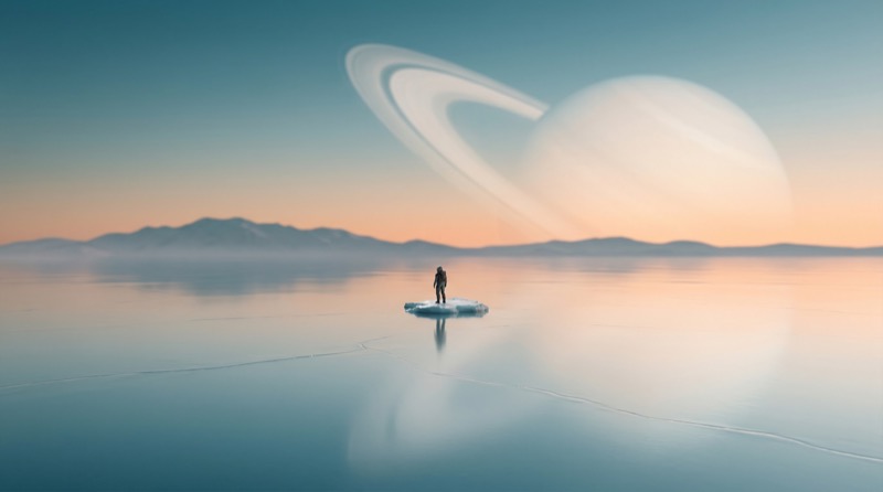 Astronaut on Ice Under Ringed Planet Sunrise