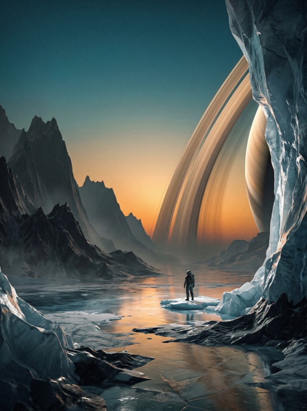 Astronaut on icy lake under ringed planet