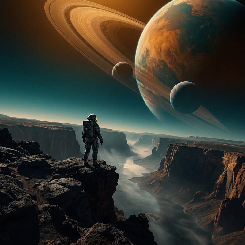 Astronaut Overlooking Alien Canyon and Ringed Planet