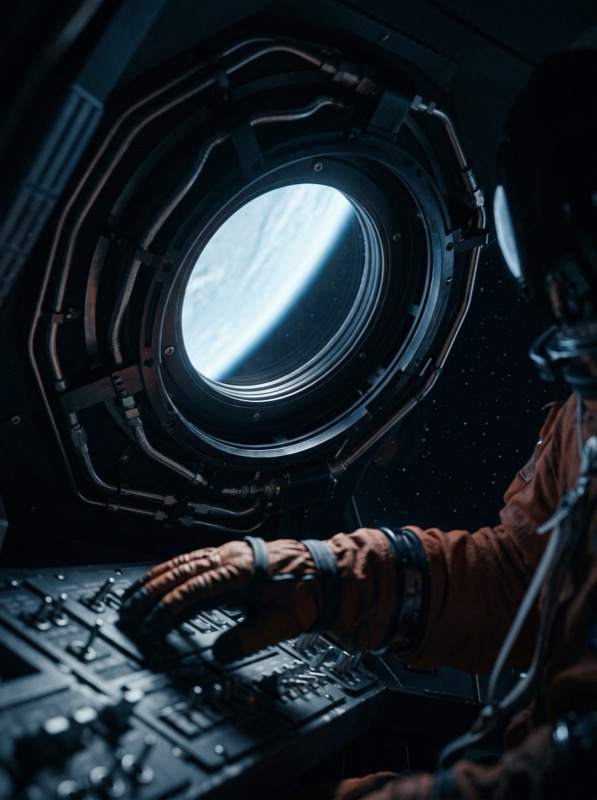 Photoreal Cinematic Sci‑fi Film Still Inside A Cramped Spacecraft Cockpit: An Astronaut