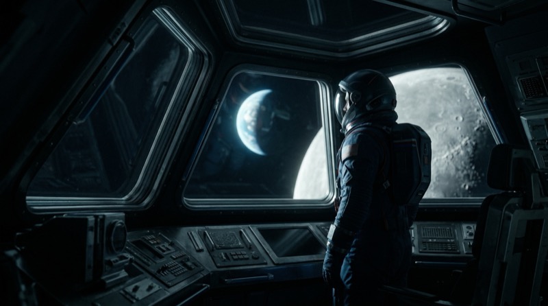 Photoreal Cinematic Sci‑fi Film Still Inside A Cramped Spacecraft Cockpit: An Astronaut