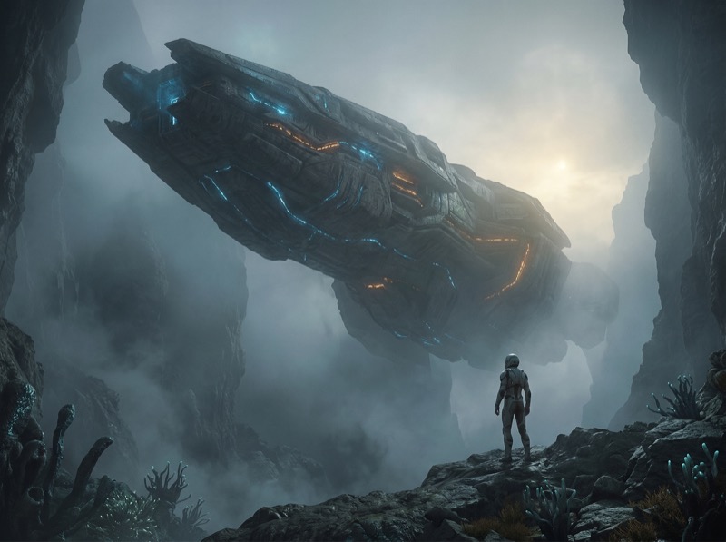 Astronaut Viewing Massive Alien Ship in Foggy Canyon