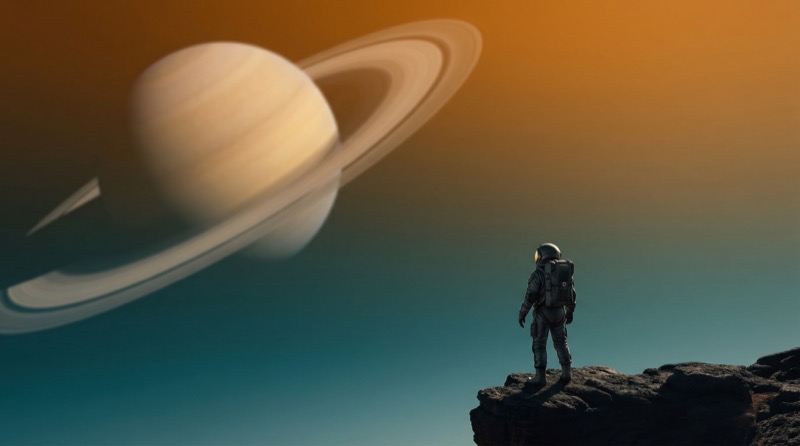 Astronaut Viewing Ringed Planet on Alien Cliff