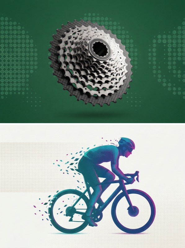 Bicycle cassette and cyclist illustration collage