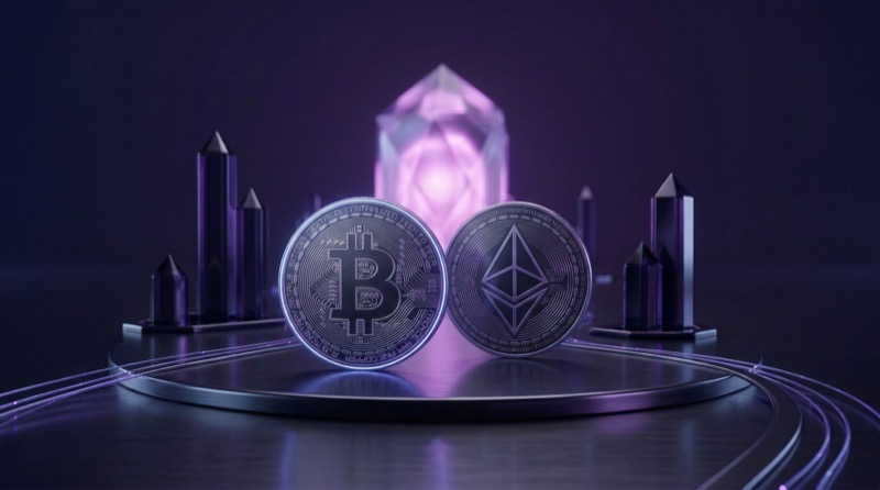 Bitcoin and Ethereum Coins in Neon Purple Scene