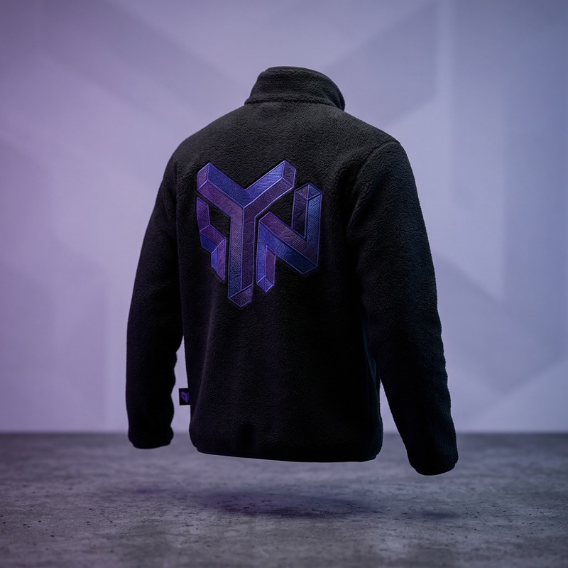 Black fleece jacket with purple geometric logo