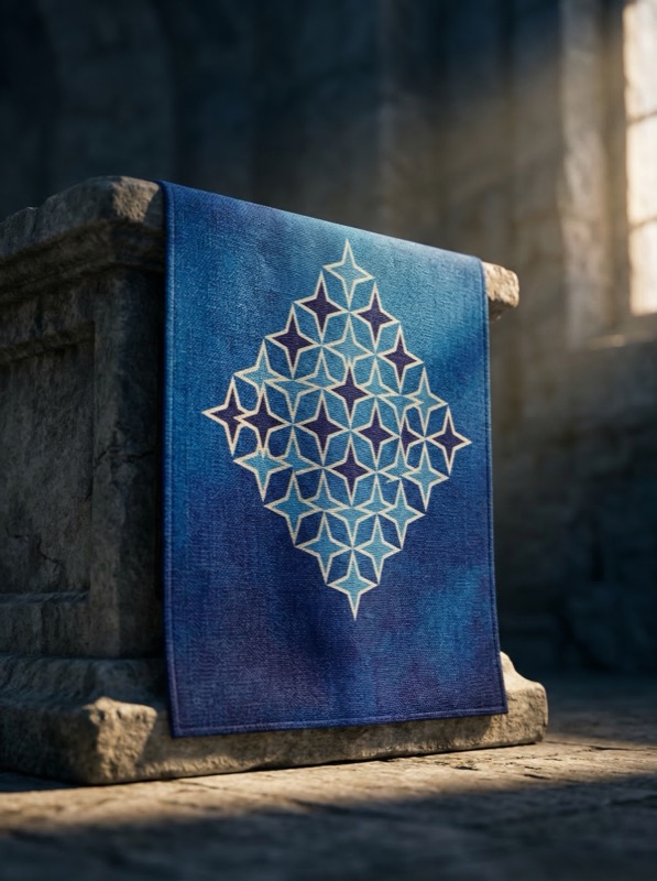 Blue patterned textile draped on stone bench