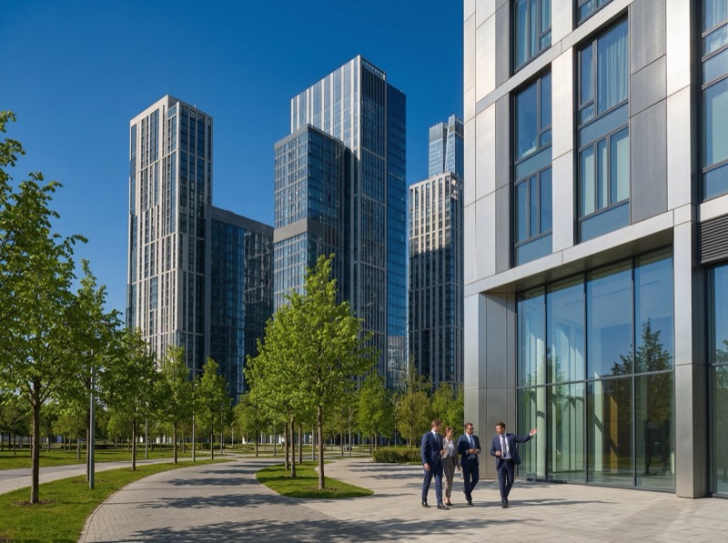 Ultra Realistic Architectural Photograph Of A Modern Business District With Sleek Glass