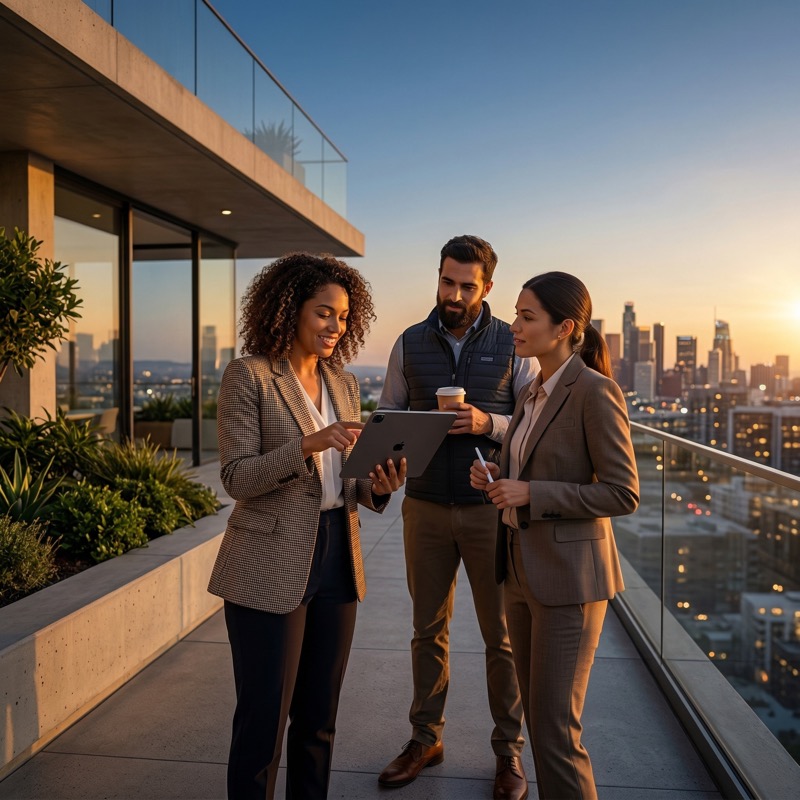 Business team on rooftop terrace at sunset