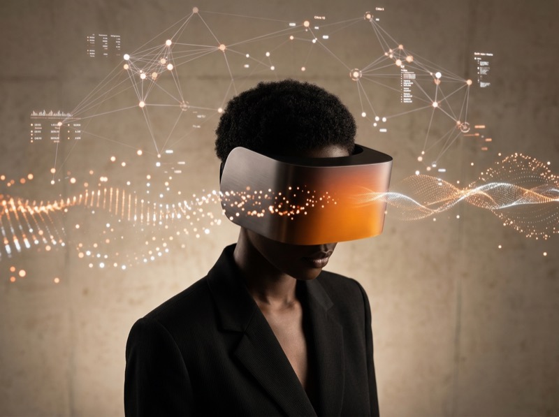 Businesswoman in VR headset with data overlays