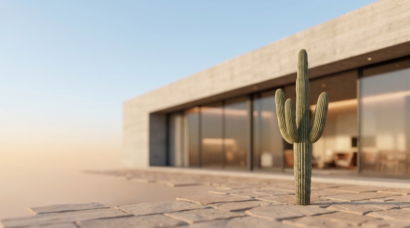 Cactus in front of modern desert house