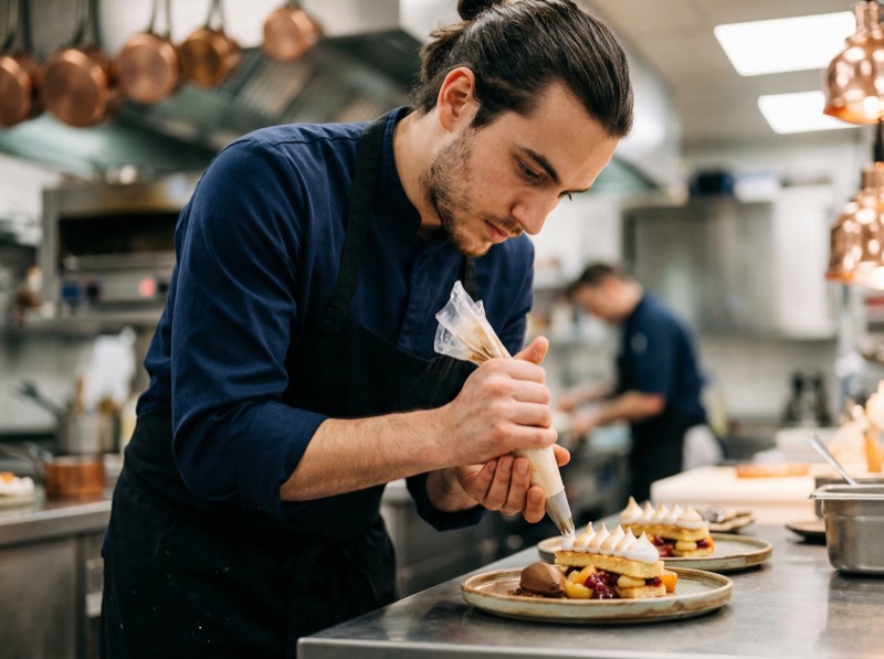 Chef plating dessert with piping bag in kitchen
