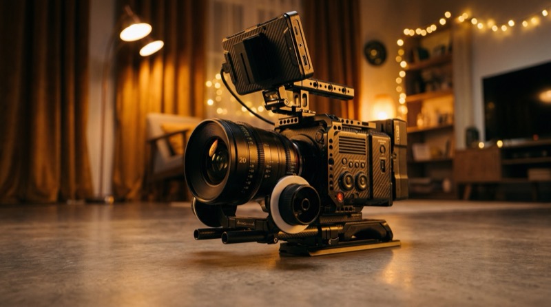 Photorealistic Cinematic Product Shot Of A Professional Cinema Camera Rig On A