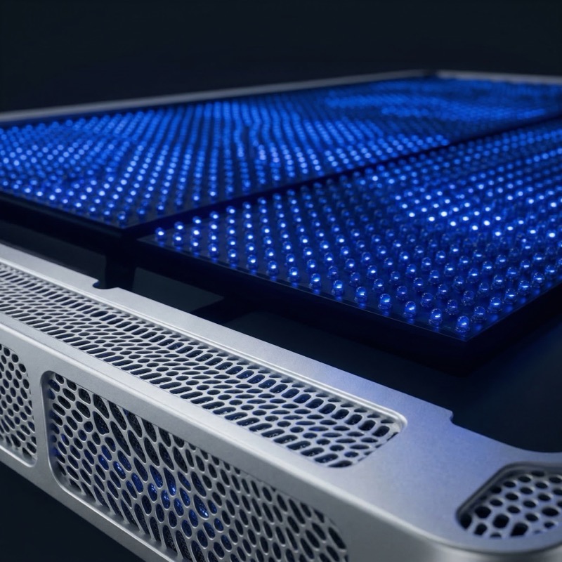 Close-up of blue LED server hardware panel
