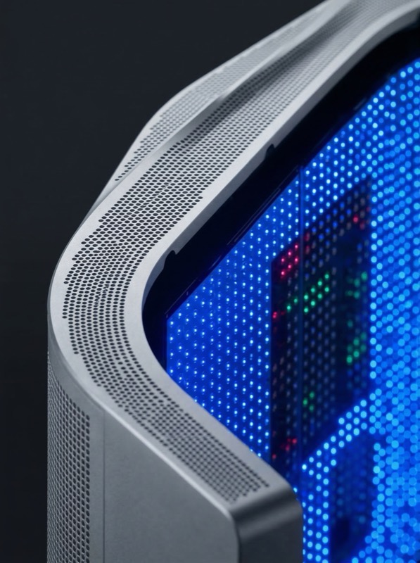 Close-up of PC case mesh with blue LED lighting