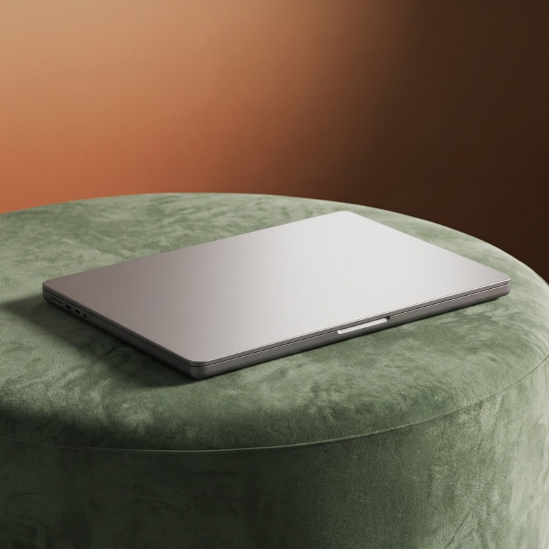 Closed silver laptop on green velvet ottoman