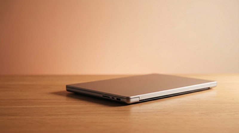 Closed silver laptop on wooden desk