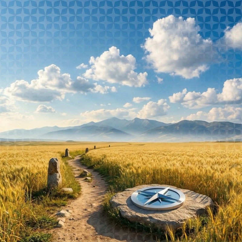 Compass on Stone by Path Through Wheat Field