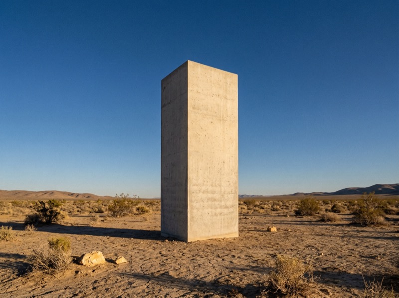 Concrete monolith in desert landscape