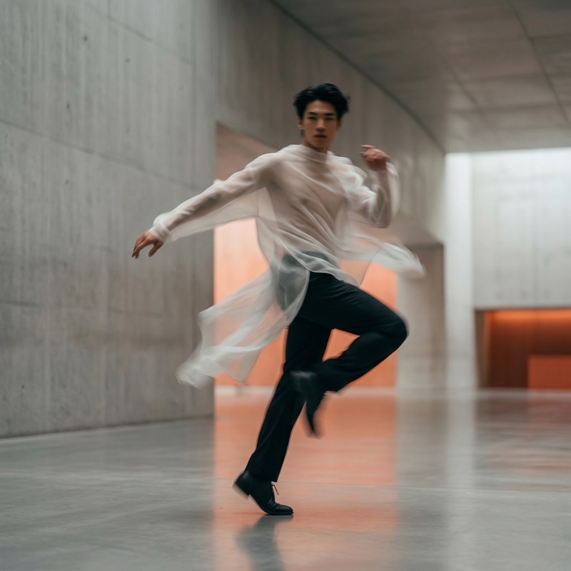 Contemporary dancer in motion in modern corridor