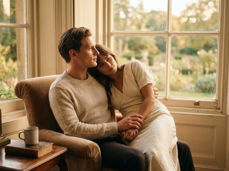 Intimate Lifestyle Photograph Of A Cozy Couple Embracing On A Vintage Sofa/armchair