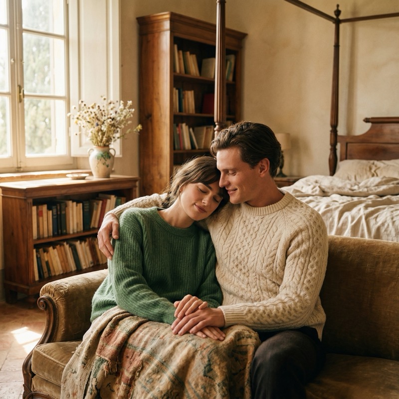 Intimate Lifestyle Photograph Of A Cozy Couple Embracing On A Vintage Sofa/armchair