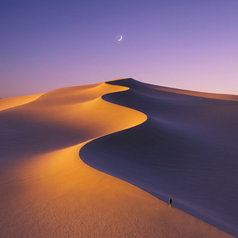 Crescent Moon Over Desert Dunes at Twilight