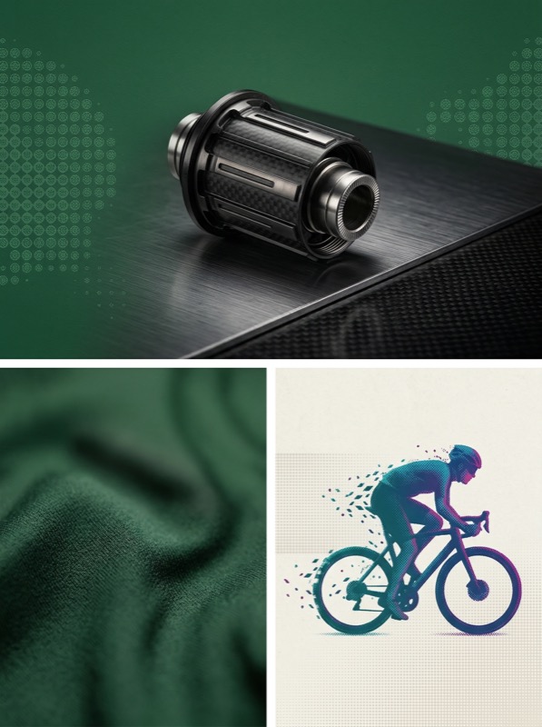 Cycling tech collage with hub and rider illustration