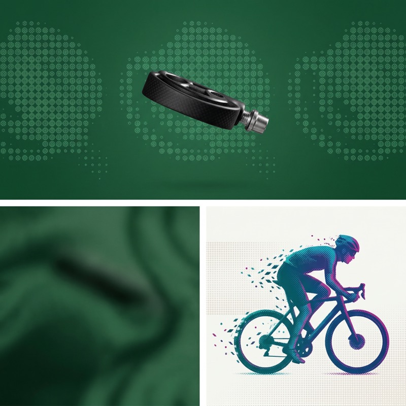 Cycling tech collage with pedal and rider illustration