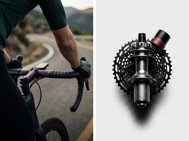 Cyclist on road with bike hub cassette product