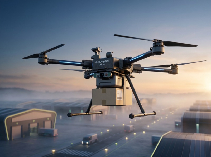 Delivery drone carrying package over logistics hub