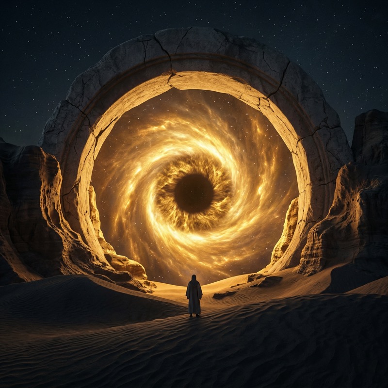 Desert Stargate with Glowing Cosmic Vortex
