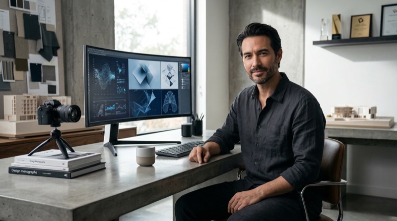 Designer at modern workstation with analytics monitor