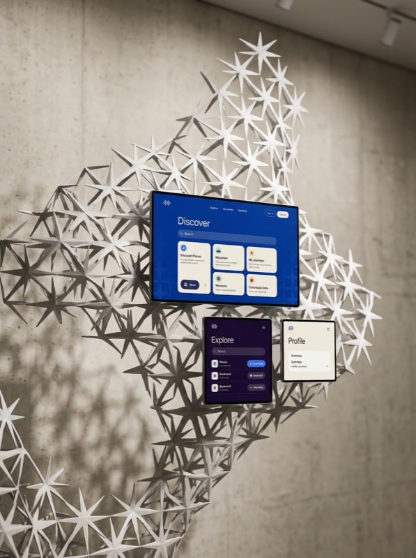 Digital UI screens on geometric wall installation