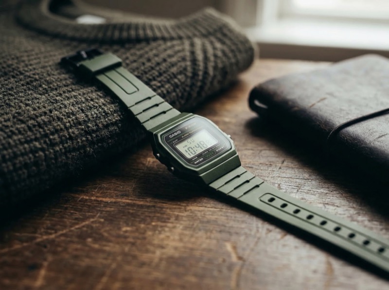 Digital wristwatch on wooden table still life