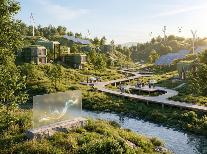 Eco smart village with solar panels and wind turbines
