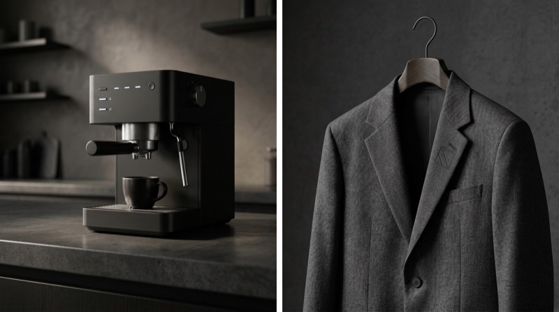 Espresso machine and gray blazer diptych