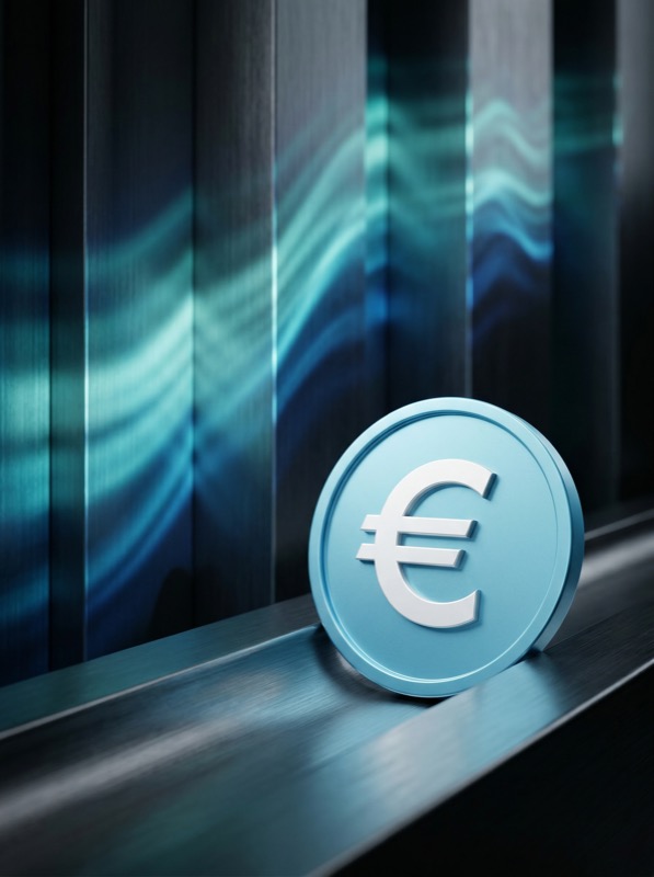 Euro coin on metallic surface with blue light waves