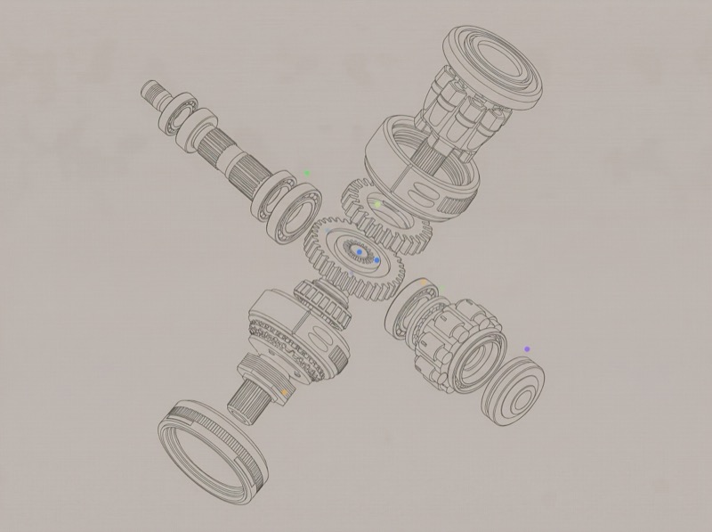 Exploded view line drawing of gear assembly