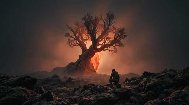 Explorer Facing a Burning Tree in Dark Landscape